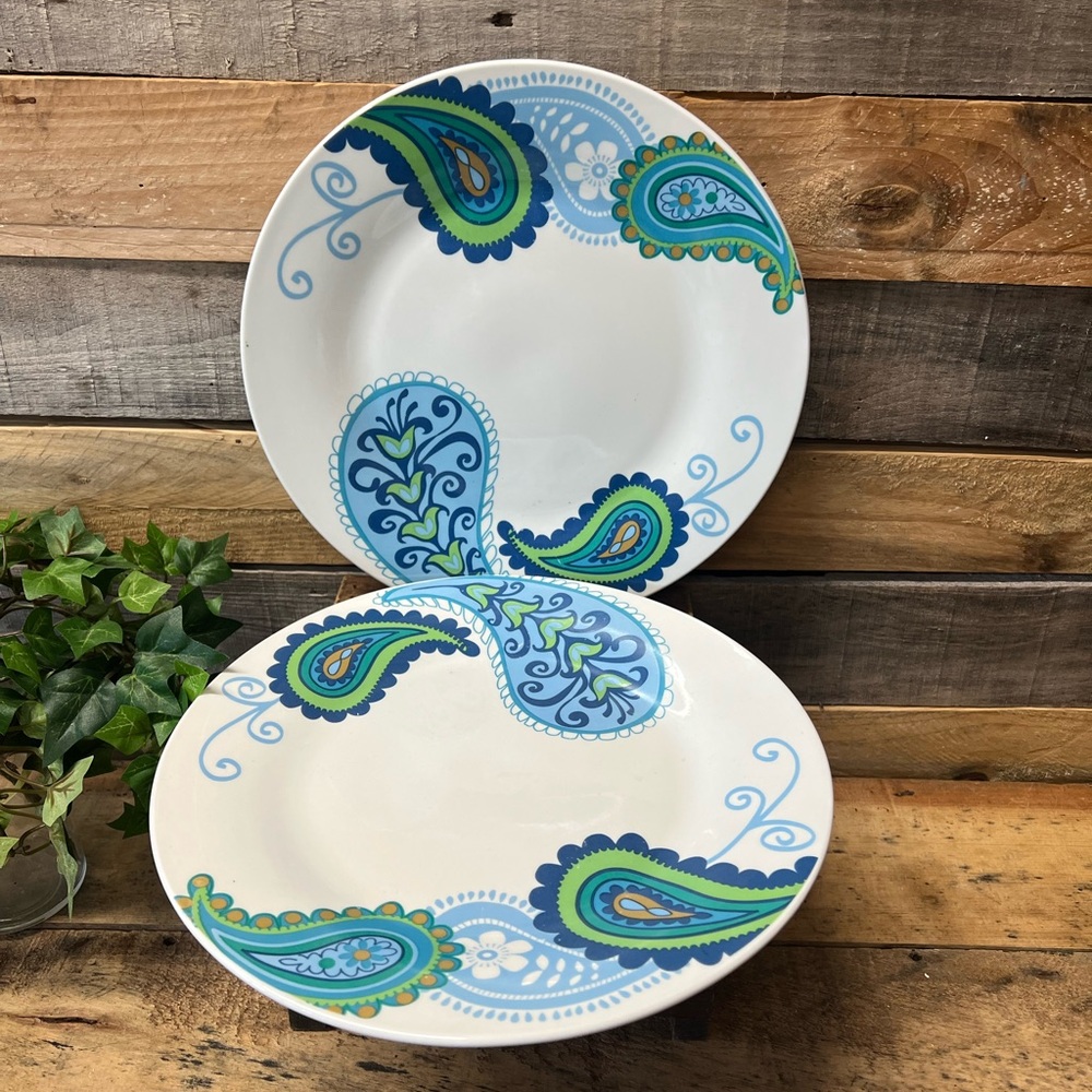 Set of 2 Replacement Certified International Blue & Green Paisley Dinner Plates